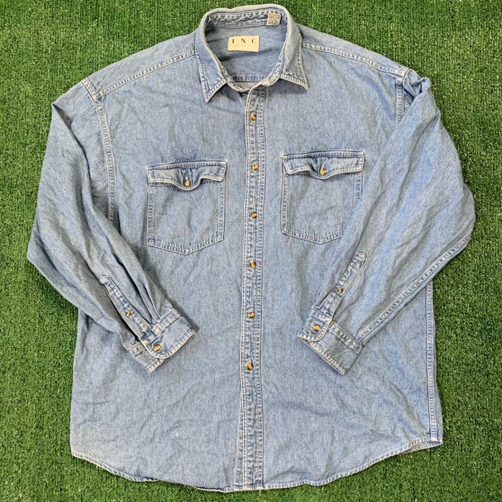 Vintage 80s INC Denim Button Up Shirt XL Blue Chambray Long Sleeve